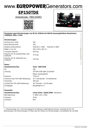 डीजल पावर जनरेटर Europower EP150TDE (LS)