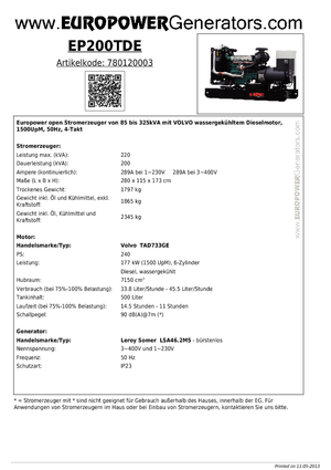 डीजल पावर जनरेटर Europower EP200TDE (LS)