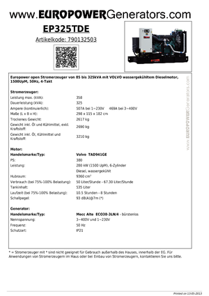 डीजल पावर जनरेटर Europower EP 325 TDE (MA)