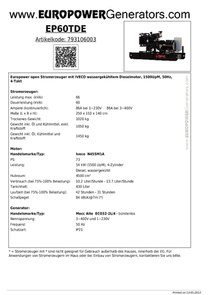 डीजल पावर जनरेटर Europower EP60TDE (MA)