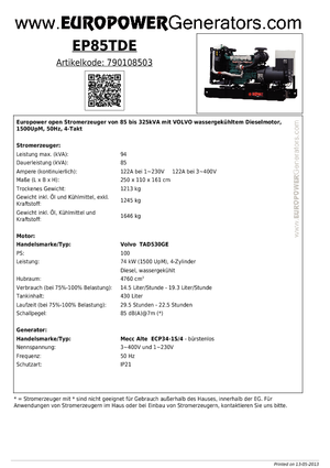 डीजल पावर जनरेटर Europower EP85TDE (MA)
