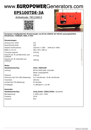 डीजल पावर जनरेटर Europower EPS100TDE-3A (LS)