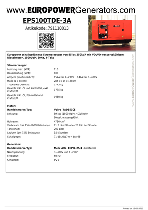 डीजल पावर जनरेटर Europower EPS100TDE-3A (MA)