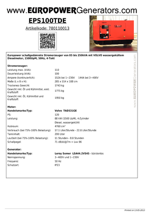 डीजल पावर जनरेटर Europower EPS100TDE (LS)