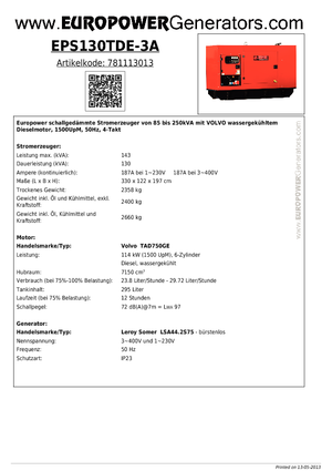 डीजल पावर जनरेटर Europower EPS130TDE-3A (LS)