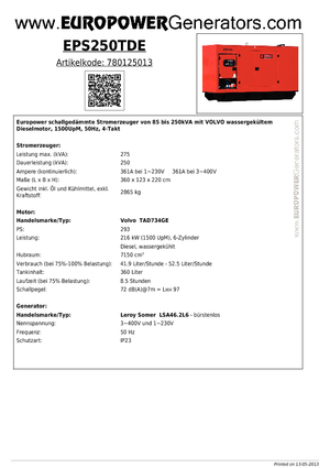 डीजल पावर जनरेटर Europower EPS250TDE (LS)