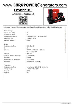 डीजल पावर जनरेटर Europower EPSP 22 TDE (LS)