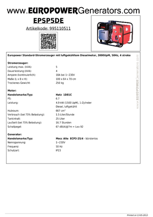 डीजल पावर जनरेटर Europower EPSP 5 DE (MA)