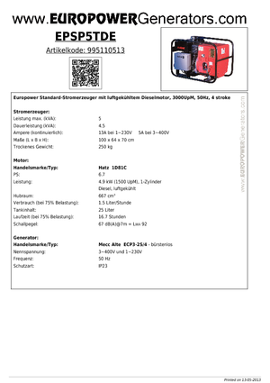 डीजल पावर जनरेटर Europower EPSP 5 TDE (MA)