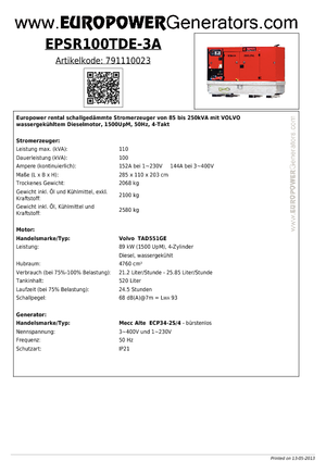 डीजल पावर जनरेटर Europower EPSR100TDE-3A (MA)