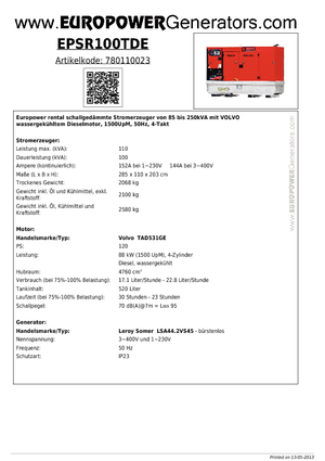डीजल पावर जनरेटर Europower EPSR100TDE (LS)