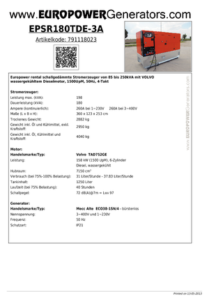 डीजल पावर जनरेटर Europower EPSR180TDE-3A (MA)