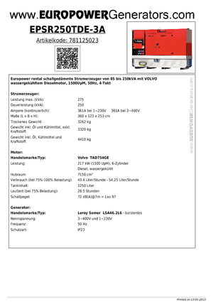 डीजल पावर जनरेटर Europower EPSR250TDE-3A (LS)