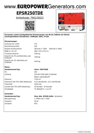 डीजल पावर जनरेटर Europower EPSR250TDE (MA)