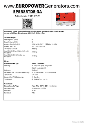 डीजल पावर जनरेटर Europower EPSR85TDE-3A (MA)