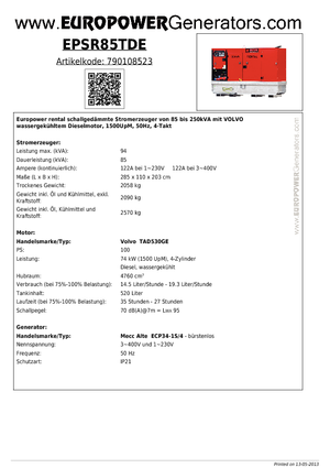 डीजल पावर जनरेटर Europower EPSR85TDE (MA)