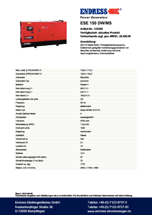 डीजल पावर जनरेटर Endress ESE 150 DW-MS