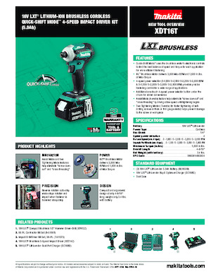 कॉर्डलेस इम्पैक्ट ड्राइवर और रिंच Makita XDT16T 