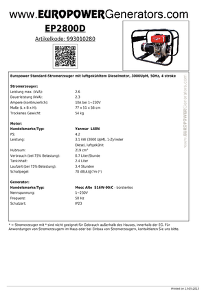 डीजल पावर जनरेटर Europower EP2800D (MA)