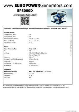 डीजल पावर जनरेटर Europower EP3000D (MA)