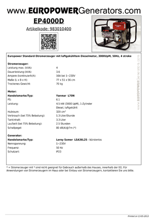 डीजल पावर जनरेटर Europower EP 4000 D (LS)