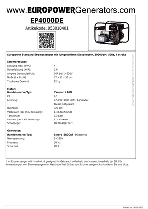 डीजल पावर जनरेटर Europower EP4000DE (S)