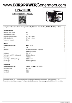 डीजल पावर जनरेटर Europower EP4200DE (S)