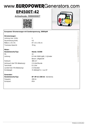 डीजल पावर जनरेटर Europower EP4500T-42 (EP)
