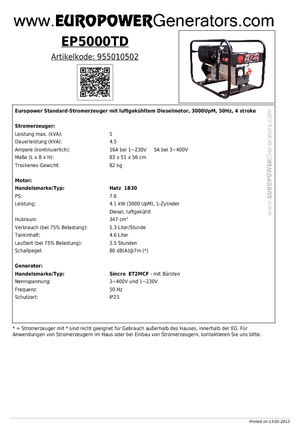 डीजल पावर जनरेटर Europower EP5000TD (S)