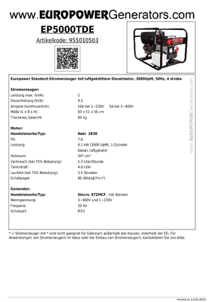 डीजल पावर जनरेटर Europower EP5000TDE (S)