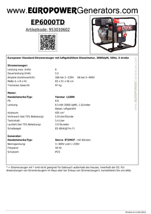 डीजल पावर जनरेटर Europower EP6000TD (S)