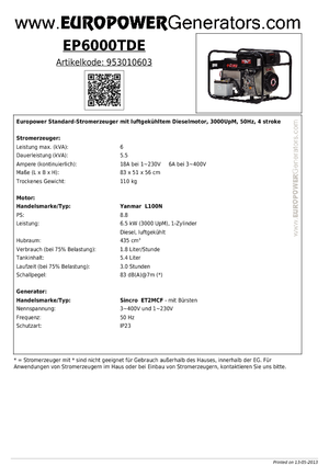 डीजल पावर जनरेटर Europower EP6000TDE (S)