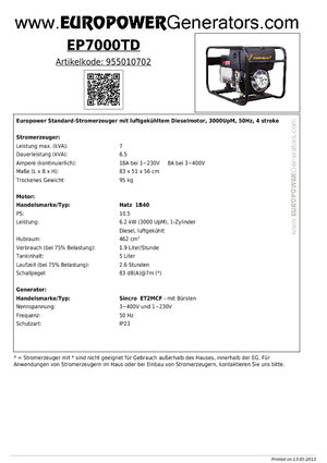 डीजल पावर जनरेटर Europower EP7000TD (S)