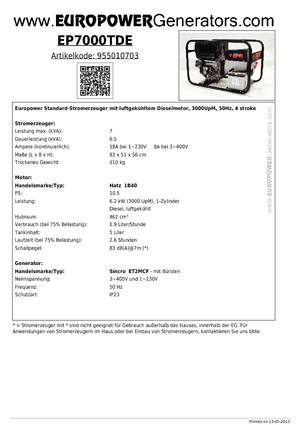 डीजल पावर जनरेटर Europower EP7000TDE (S)