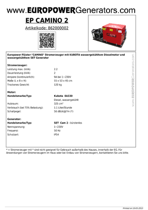 डीजल पावर जनरेटर Europower EP Camino 2