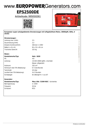 डीजल पावर जनरेटर Europower EPS2500DE (MA)