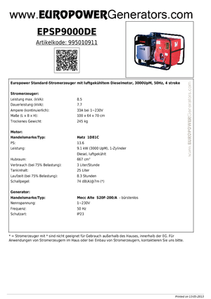 डीजल पावर जनरेटर Europower EPSP9000DE (MA)