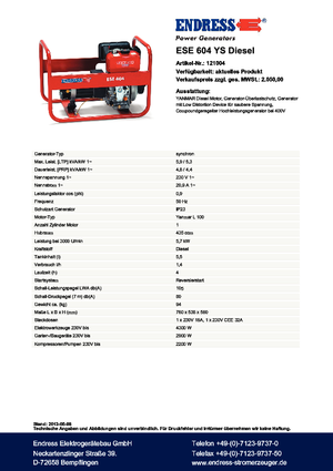 डीजल पावर जनरेटर Endress ESE 604 YS DI