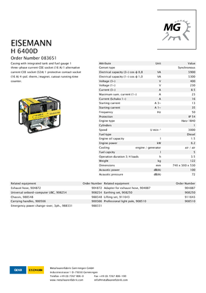 डीजल पावर जनरेटर Eisemann H 6400 D