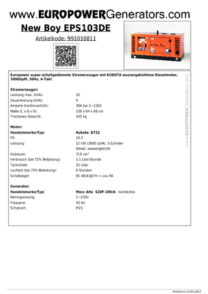 डीजल पावर जनरेटर Europower New Boy EPS103DE (MA)