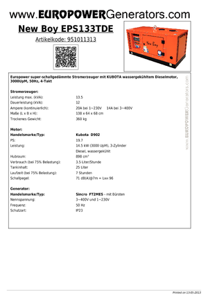 डीजल पावर जनरेटर Europower New Boy EPS133TDE (S)