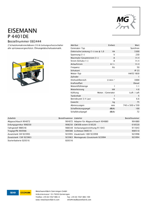 डीजल पावर जनरेटर Eisemann P 4401 DE