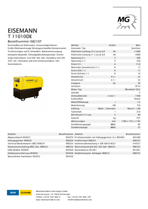 डीजल पावर जनरेटर Eisemann T 11010 DE