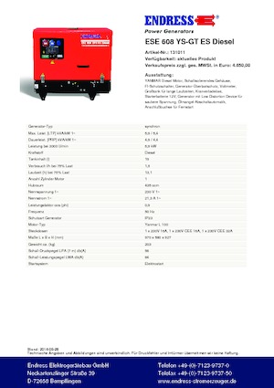 गैसोलीन पावर जनरेटर Endress ESE 608 YS-GT ES DI