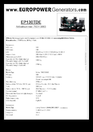 डीजल पावर जनरेटर Europower EP130TDE (LS)