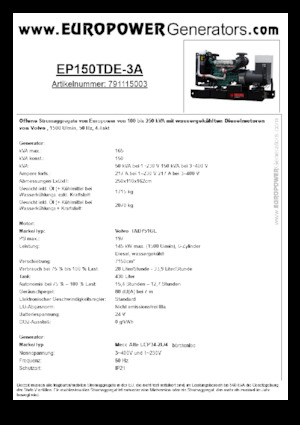 डीजल पावर जनरेटर Europower EP150TDE-3A (MA)