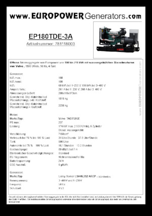 डीजल पावर जनरेटर Europower EP180TDE-3A (LS)