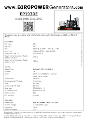 डीजल पावर जनरेटर Europower EP193DE (S)