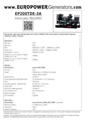 डीजल पावर जनरेटर Europower EP200TDE-3A (LS)