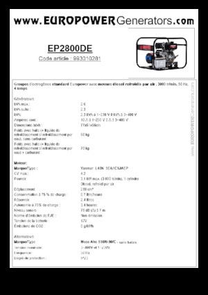 डीजल पावर जनरेटर Europower EP2800DE (MA)